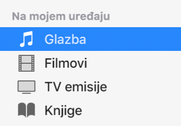 Odjeljak "Na mojem uređaju" unutar rubnog stupca, s odabranom kategorijom Glazba.