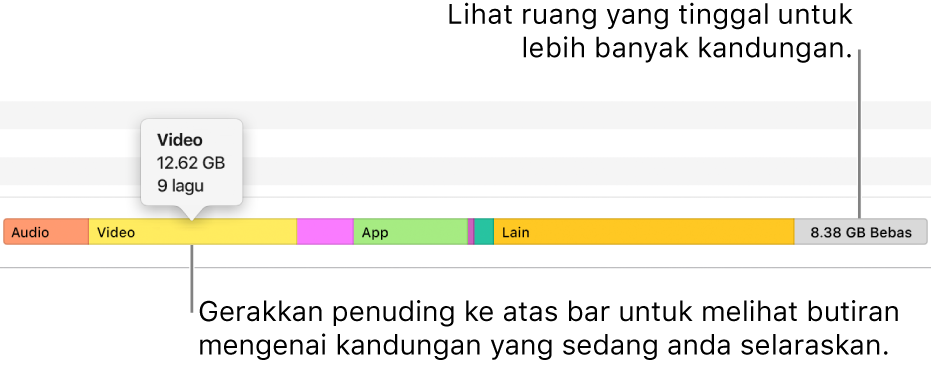 Gerakkan penuding ke atas bar di bahagian bawah tetingkap untuk melihat butiran tentang kandungan yang anda selaraskan dan untuk melihat ruang yang tinggal untuk lebih banyak kandungan.