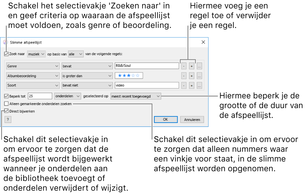 Het venster 'Slimme afspeellijst': Selecteer 'Zoeken naar' in de linkerbovenhoek en geef vervolgens op aan welke criteria de afspeellijst moet voldoen (bijvoorbeeld genre of beoordeling). Met de toevoeg- en verwijderknoppen rechtsboven kun je regels toevoegen of verwijderen. Onder in het venster kun je verschillende opties instellen, waaronder de grootte en lengte van de afspeellijst, of je alleen nummers met een ingeschakeld selectievakje wilt toevoegen en of je de afspeellijst wilt bijwerken als onderdelen in je iTunes-bibliotheek worden gewijzigd.