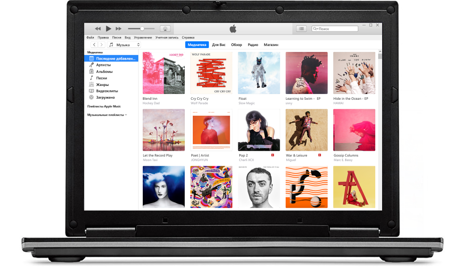 Окно iTunes с медиатекой, содержащей множество альбомов.