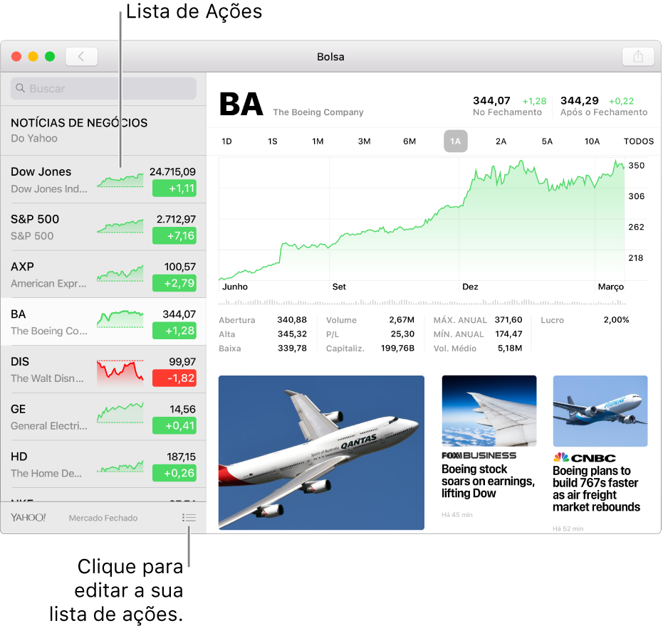 Uma janela do Bolsa, mostrando a lista de ações à esquerda com um símbolo de ação selecionado, o gráfico correspondente e o feed de notícias no painel direito.