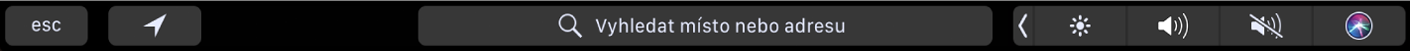 Touch Bar v Mapách s tlačítky pro aktuální polohu a trasu. Zobrazen je také panel hledání.