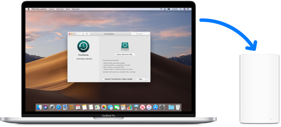 Obrazovka MacBooku Pro s oknem zálohování Time Machine. MacBook Pro je bezdrátově připojený k zařízení AirPort Time Capsule.