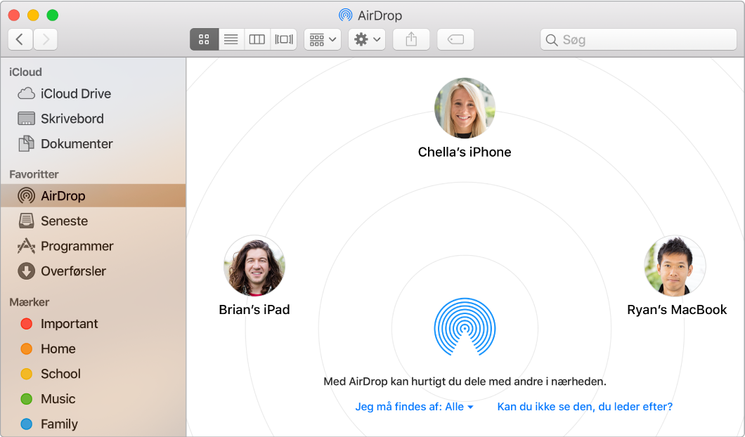 Et Findervindue, hvor AirDrop er valgt under Favoritter i indholdsoversigten.
