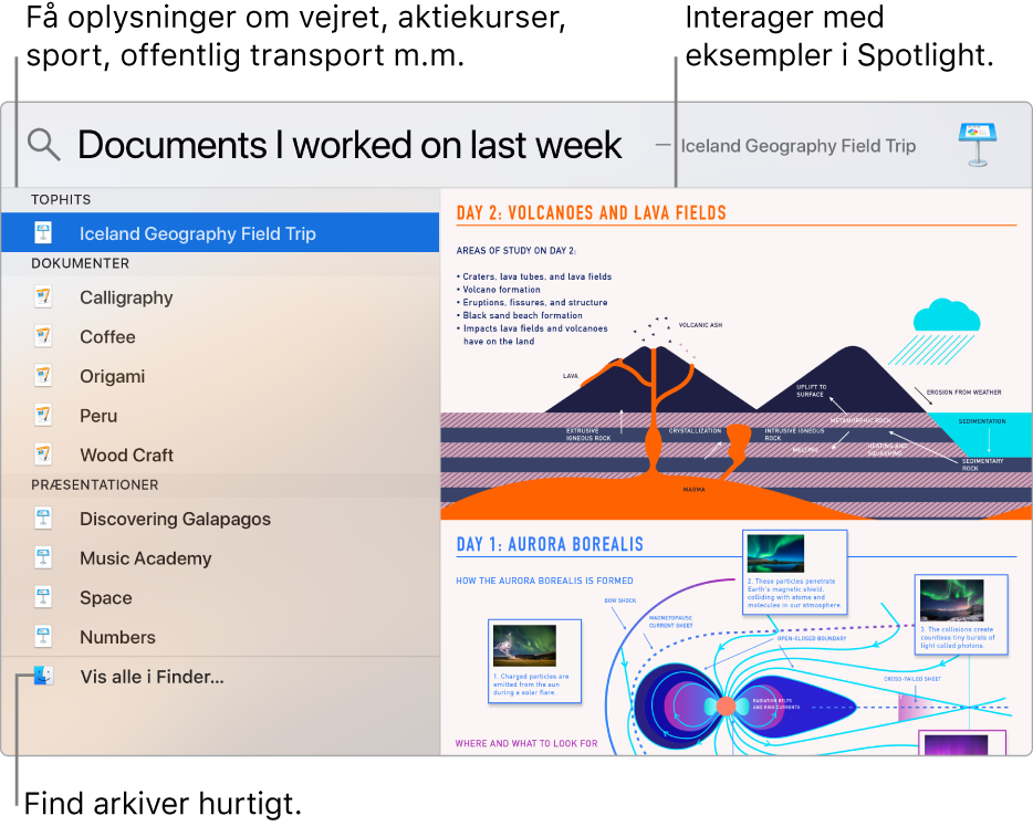 Spotlight-vinduet, der viser søgeresultater til venstre og et eksempel til højre.