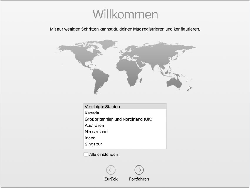 Mac-Bildschirm mit geöffnetem Willkommensbildschirm des Systemassistenten