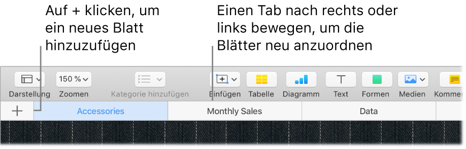 Numbers-Fenster mit Informationen zum Hinzufügen eines neuen Rechenblatts und zum Neuanordnen der Blätter