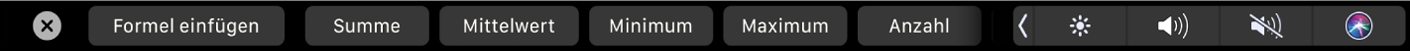 Die Numbers-Touch Bar mit angezeigten Tasten für Formeln Dazu gehören „Summe“, „Durchschnitt“, „Minimum“, „Maximum“ und „Anzahl“.