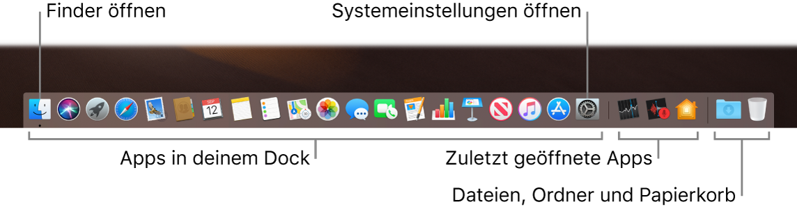 Das Dock mit Finder, Systemeinstellungen und der Linie im Dock, die Apps von Dateien und Ordner abtrennt