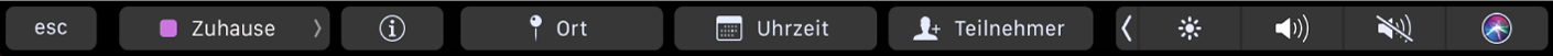 Die Kalender-Touch Bar mit Tasten zum Auswählen von Kalendern, zum Anzeigen von Ereignisdetails, zum Bearbeiten von Ort und Zeit sowie zum Hinzufügen von Teilnehmern