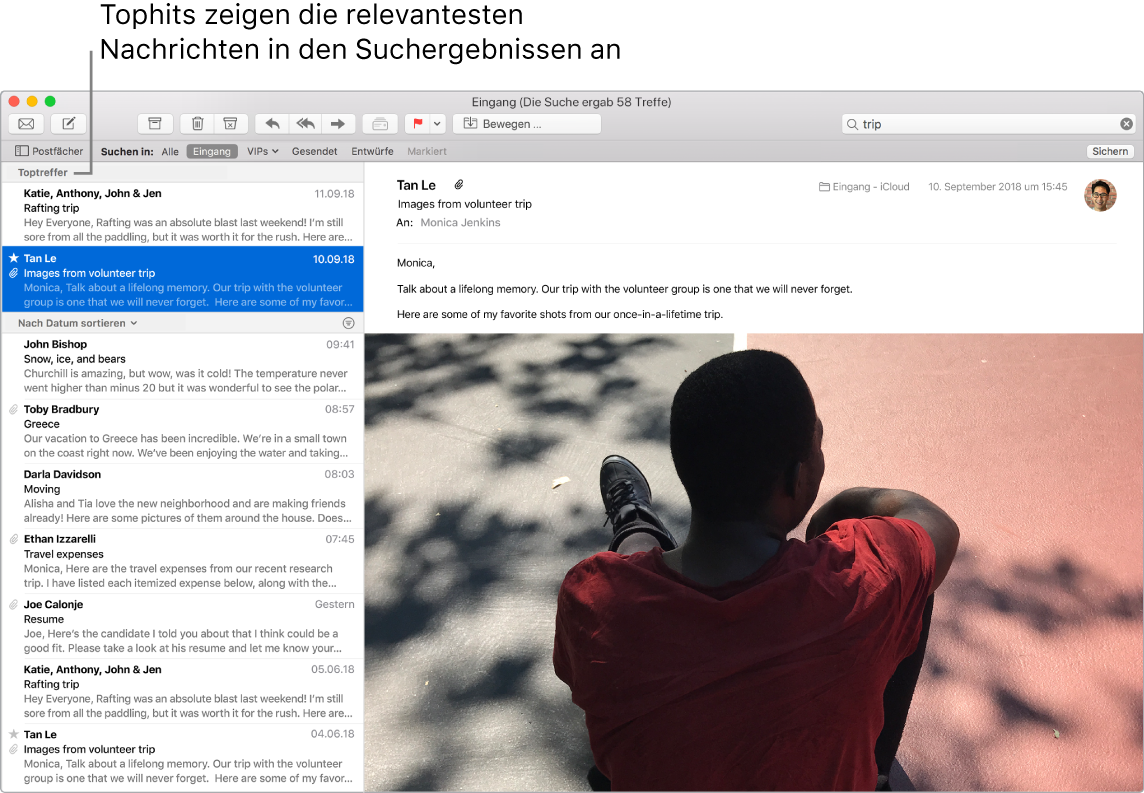 Das Mail-Fenster zeigt die Toptreffer oben in der Liste an, gefolgt von anderen Ergebnissen