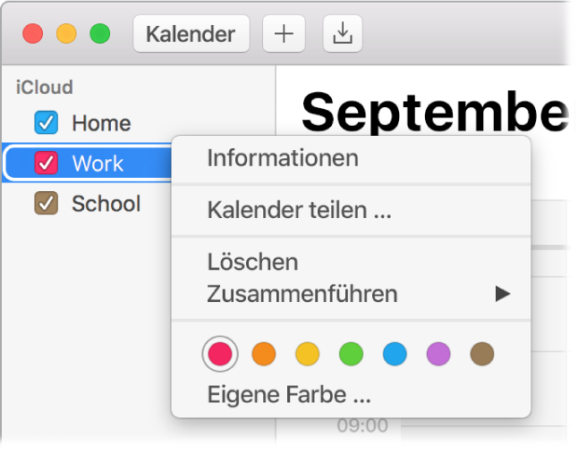 Das Kontextmenü „Kalender“ mit Optionen zum Anpassen der Farbe eines Kalenders