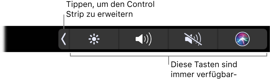 Ein Bildschirmausschnitt mit der Standard-Touch Bar mit ausgeblendetem Control Strip. Tippe auf die Tasten zum Erweitern, um den vollständigen Control Strip anzuzeigen.