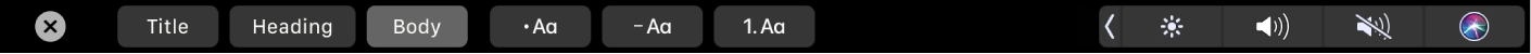 The Notes Touch Bar with buttons for paragraph styles, including Title, Heading, and Body, and also buttons for list options including bullet, dash, and number.