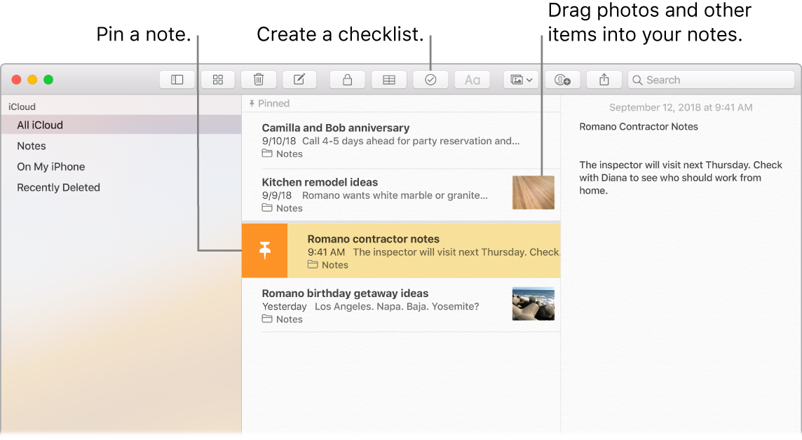 Notes window showing the checklist button and how to drag a photo into a note.