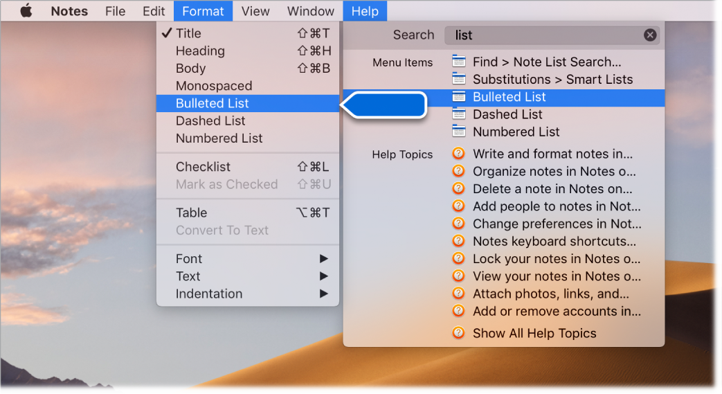 Help menu showing a search for “list," with the Bulleted List command highlighted in the results list and in the Format menu.