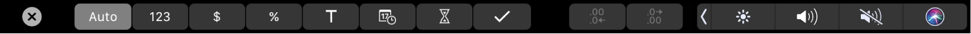 The Numbers Touch Bar with Format buttons displayed. These include currency, percentage, numbers, text, date, duration, and checklist.