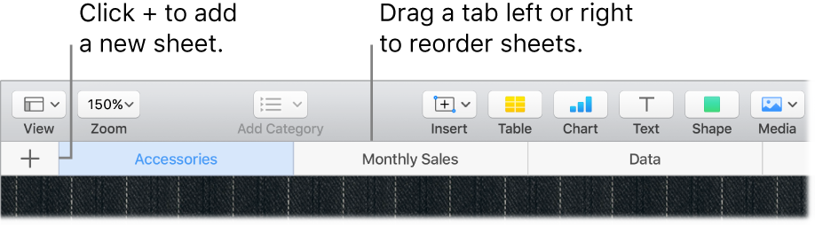 Numbers window showing how to add a new sheet and how to reorder sheets.