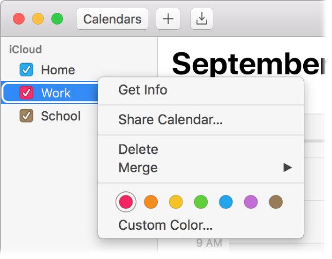 Calendar shortcut menu with options for customizing a calendar’s color.