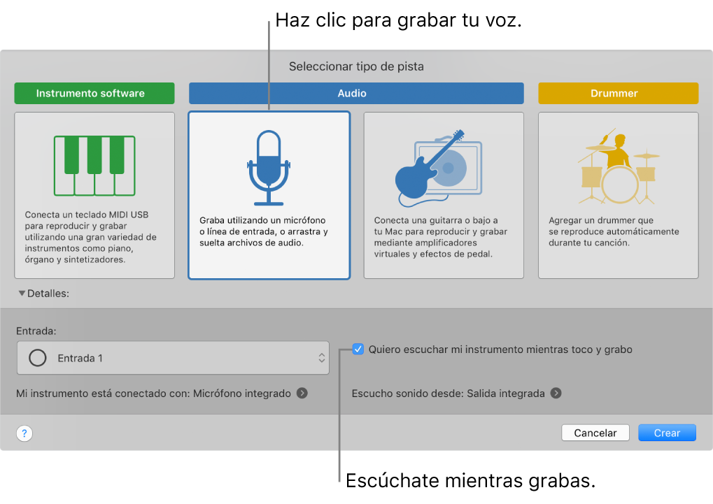 El panel de instrumentos de GarageBand mostrando dónde hacer clic para grabar voz y cómo escucharte a tí mismo mientras grabas.