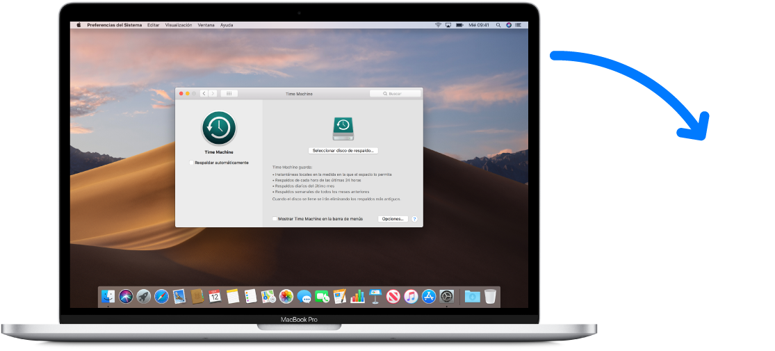 Pantalla de la MacBook Pro con la ventana de respaldo de Time Machine abierta. La MacBook Pro se conecta de forma inalámbrica a una AirPort Time Capsule.