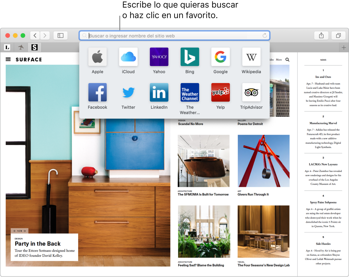 Ventana de Safari mostrando la vista Favoritos y el campo de búsqueda inteligente resaltado.