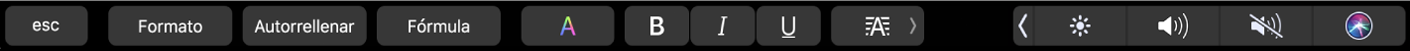 Touch Bar de Numbers con botones para Formato, Autorrelleno y Fórmula. También hay botones para agregar formato al texto, como color, negritas, cursivas y subrayado, así como ajustar la alineación.