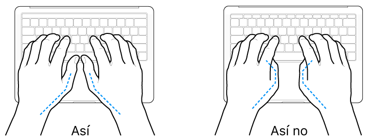 Manos posicionadas sobre un teclado, mostrando la alineación correcta e incorrecta de los pulgares.