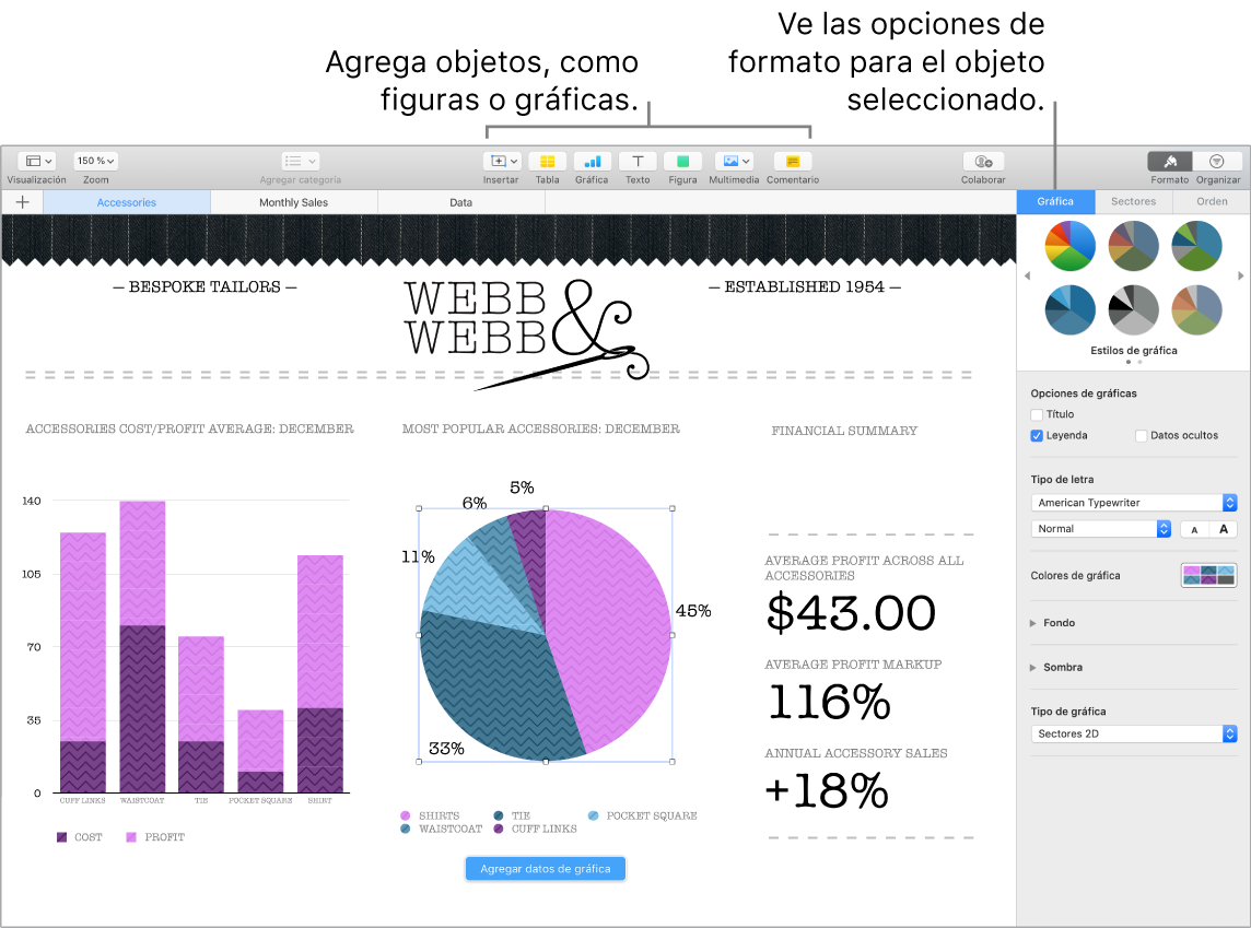 Ventana de Numbers con globos en las categorías de objetos que pueden ser agregados y en las opciones para formatear objetos.