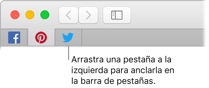 Ventana de Safari mostrando cómo anclar una pestaña en la barra de pestañas.