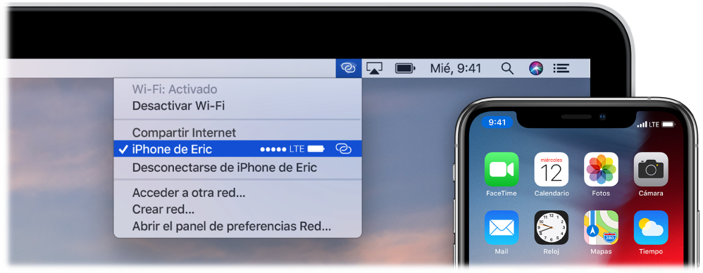 Pantalla de un Mac con el menú de la conexión Wi-Fi en el que se muestra la función “Compartir Internet” conectada a un iPhone.