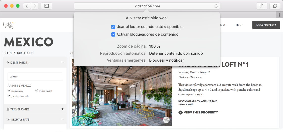 Ventana de Safari donde se muestran las preferencias del sitio web, por ejemplo: “Usar el lector cuando estés disponible”, “Activar bloqueadores de contenido”, “Zoom de página”, “Reproducción automática”, Cámara, Micrófono y Ubicación.