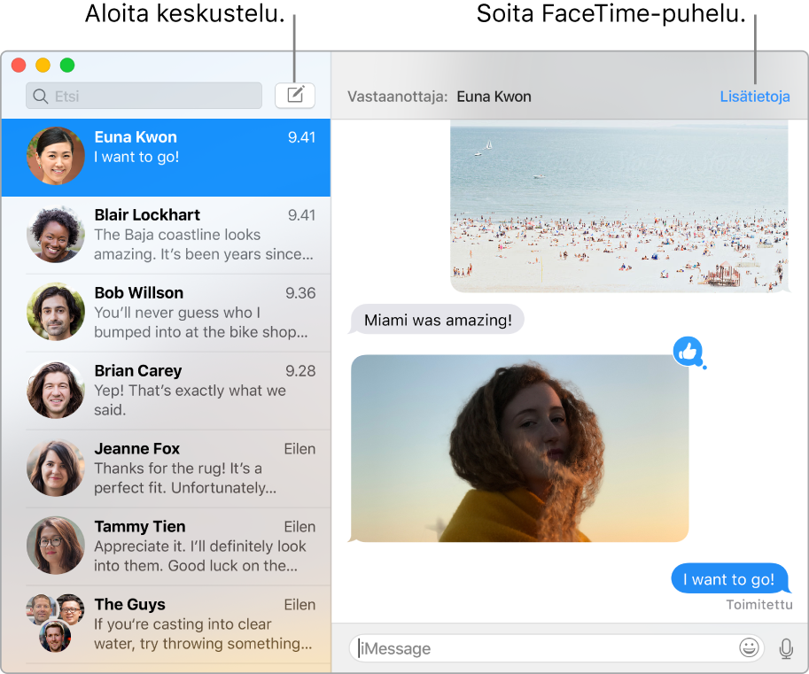 Viestit-ikkuna, jossa näytetään, miten aloitetaan keskustelu ja FaceTime-puhelu.