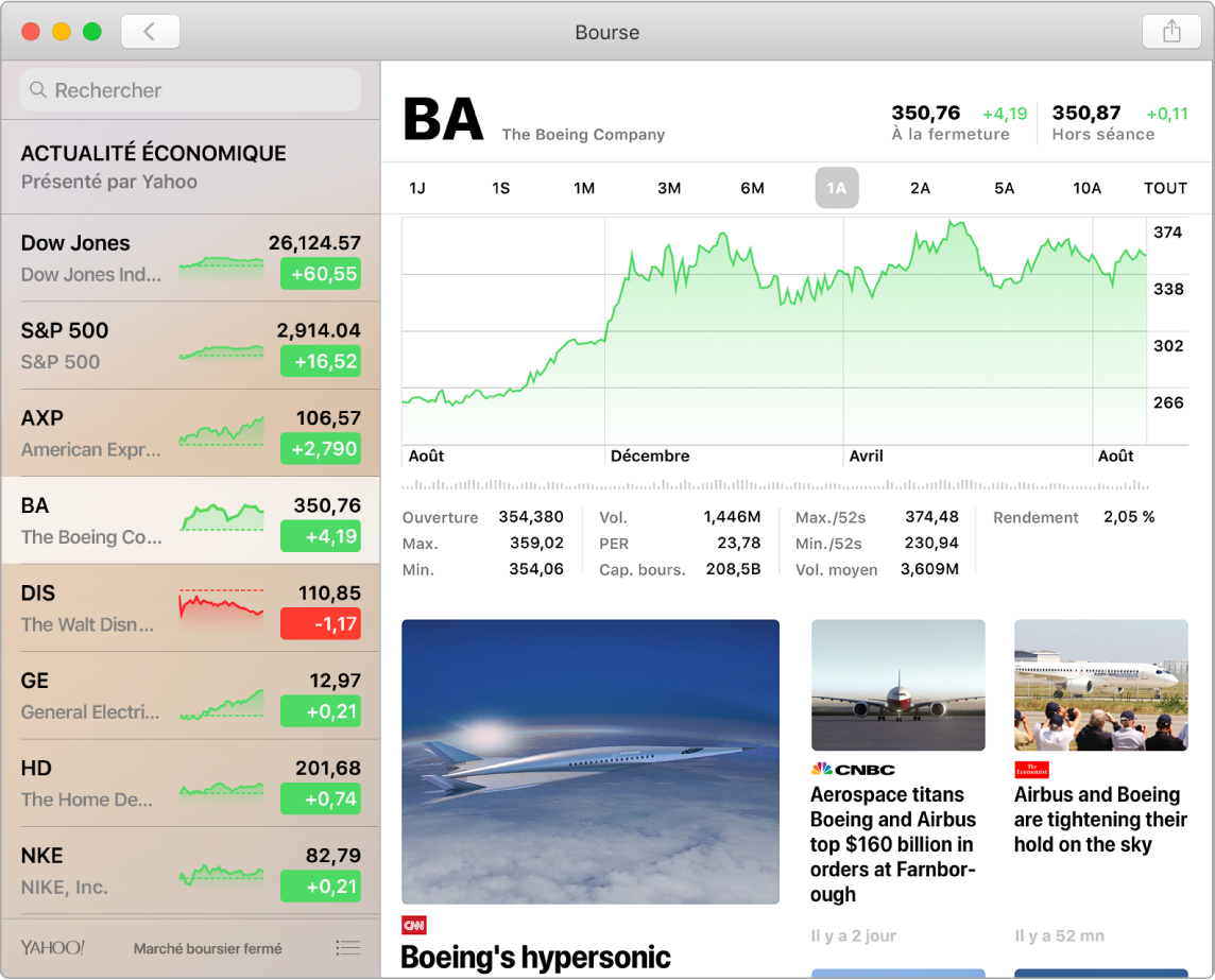 Le tableau de bord de Bourse affichant les cours du marché dans une liste de suivi, accompagnés de chronologies et d’actualités.