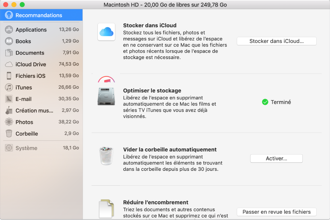 Les préférences Recommandations pour le stockage, présentant les options Stocker dans iCloud, Optimiser le stockage, Vider la corbeille automatiquement et Réduire l’encombrement.