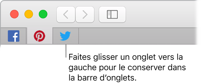 Fenêtre de Safari montrant comment créer un repère pour un onglet dans la barre d’onglets.