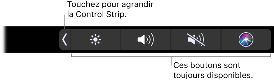 Un écran partiel de la Touch Bar par défaut, affichant la Control Strip réduite. Touchez le bouton de développement pour afficher toute la <NoBreak change_bar="mark">Control Strip</NoBreak>.