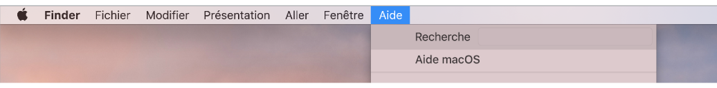 Un bureau partiel avec un menu Aide ouvert, affichant les options de menu Recherche et Aide macOS.