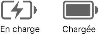 Icône dʼétat de batterie en charge et chargée.