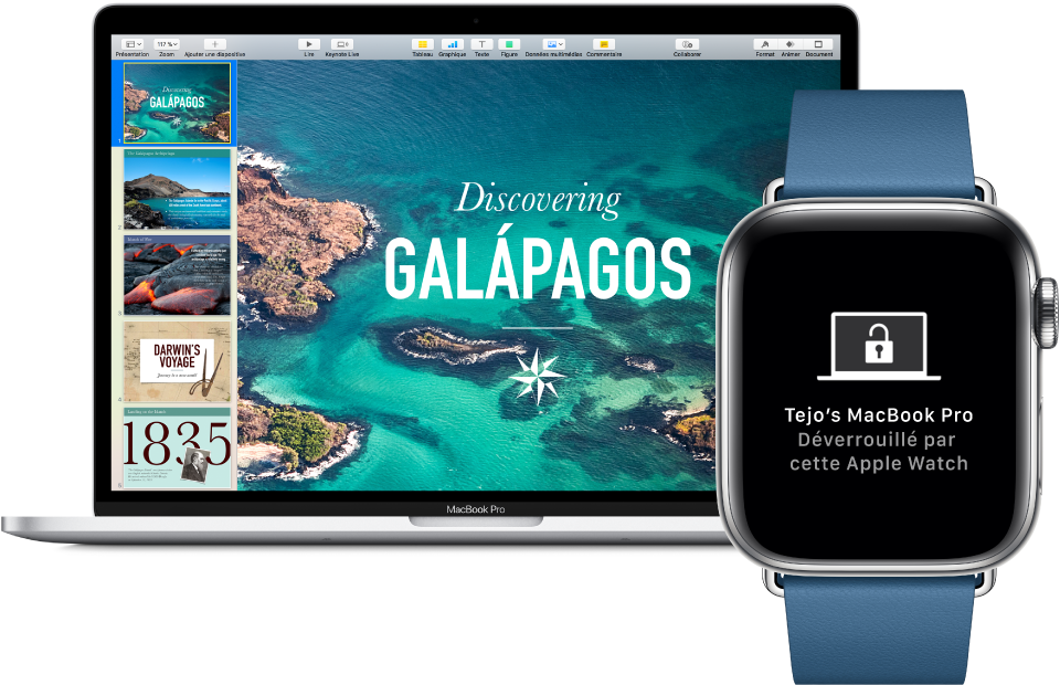 Représentation d’une Apple Watch avec un MacBook Pro, affichant un message expliquant que le Mac a été déverrouillé par l’Apple Watch.