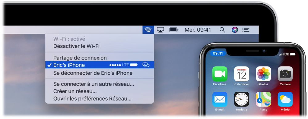 Écran du Mac avec le menu Wi-Fi affichant un Partage de connexion connecté à un iPhone.