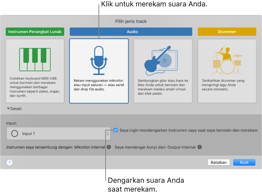 Panel instrumen GarageBand menampilkan tempat Anda mengeklik untuk merekam suara dan cara mendengarkan suara Anda sendiri saat merekam.