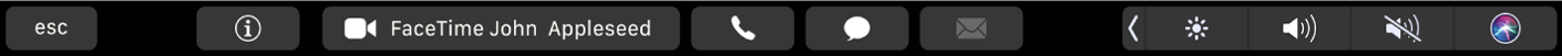Touch Bar FaceTime menampilkan tombol untuk mendapatkan info mengenai kontak, dan untuk melakukan panggilan video, panggilan audio, maupun untuk mengirim pesan atau email.