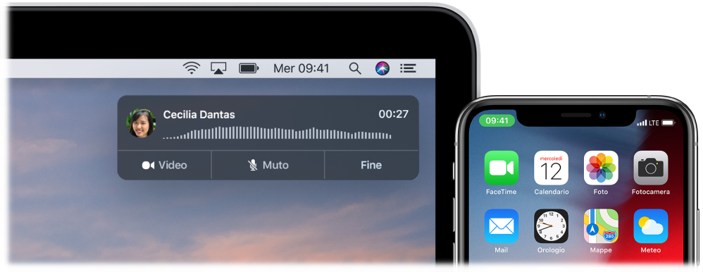 Schermo del Mac con la finestra di notifica della chiamata nell'angolo superiore destro e un iPhone in cui si vede che è in corso una chiamata tramite Mac.