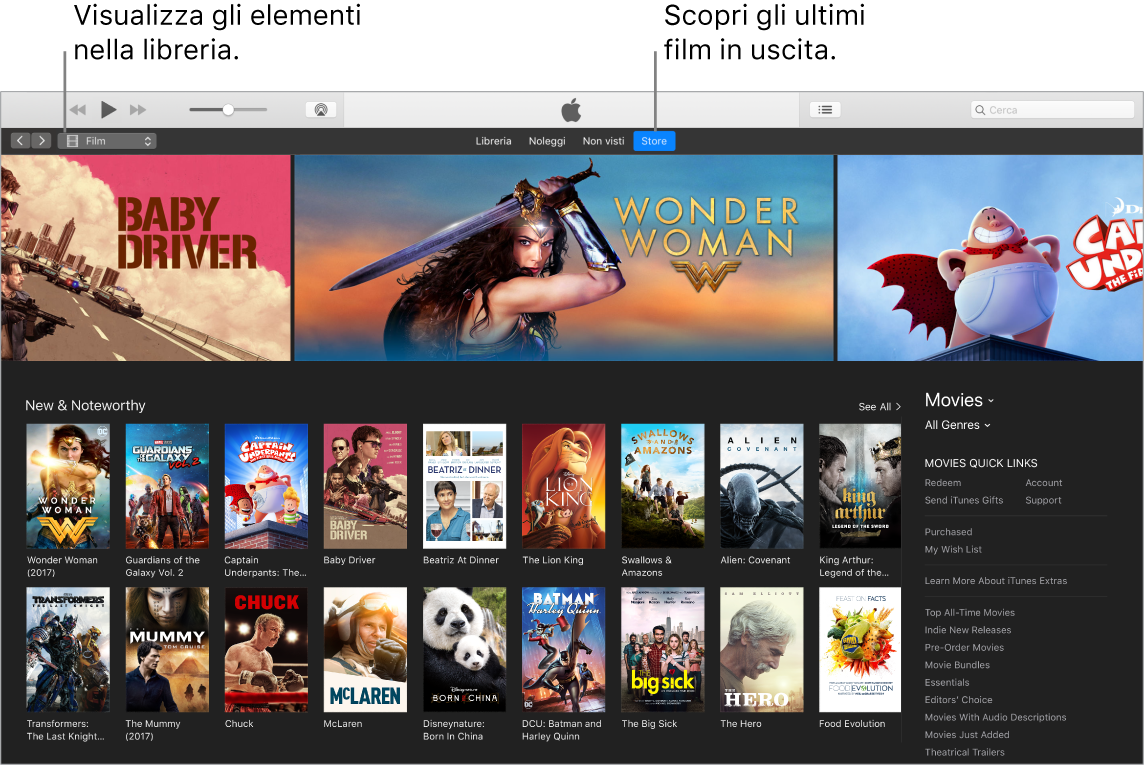 Finestra di iTunes che mostra come visualizzare la libreria, iscriverti a Apple Music e sfogliare le nuove uscite.