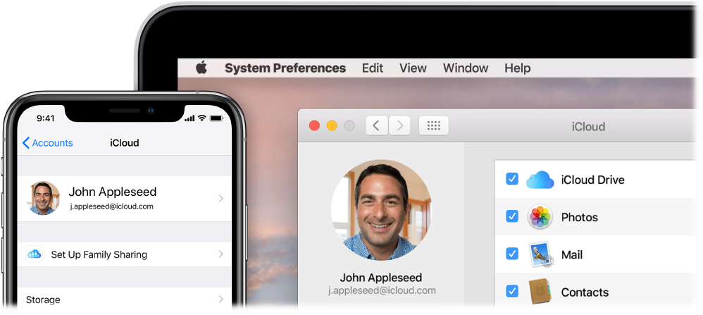 iCloud параметрлерін көрсетіп тұрған iPhone құрылғысы және iCloud терезесін көрсетіп тұрған Mac экраны.