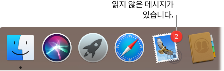 읽지 않은 메시지를 나타내는 배지가 있는 Mail 앱 아이콘을 표시하는 Dock의 섹션.