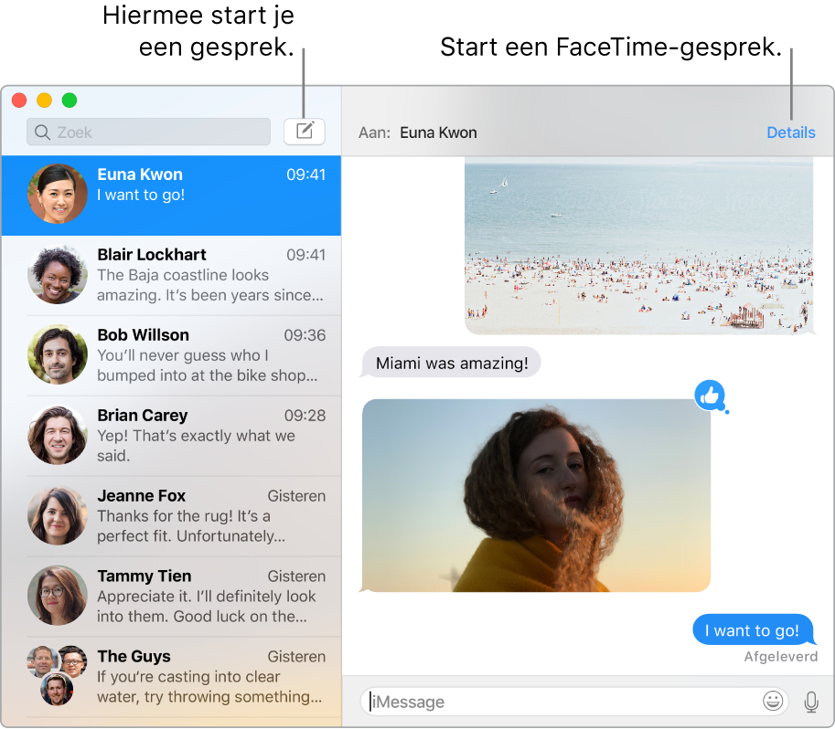 Berichten-venster waarin je ziet hoe je een gesprek en een FaceTime-gesprek start.