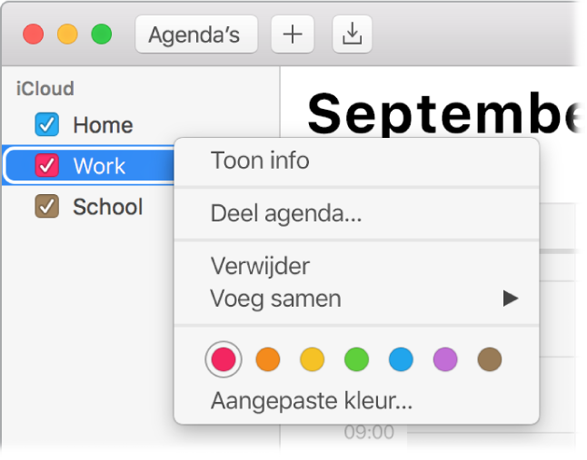 Het contextuele menu 'Agenda' met opties om de kleur van een agenda aan te passen.