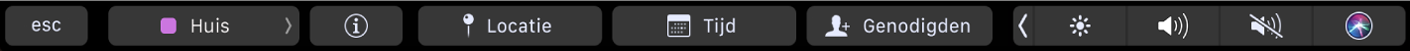 De Touch Bar voor Agenda met knoppen voor het kiezen van agenda's, voor meer informatie over de activiteit, het wijzigen van de locatie, het wijzigen van de tijd en het toevoegen van genodigden.